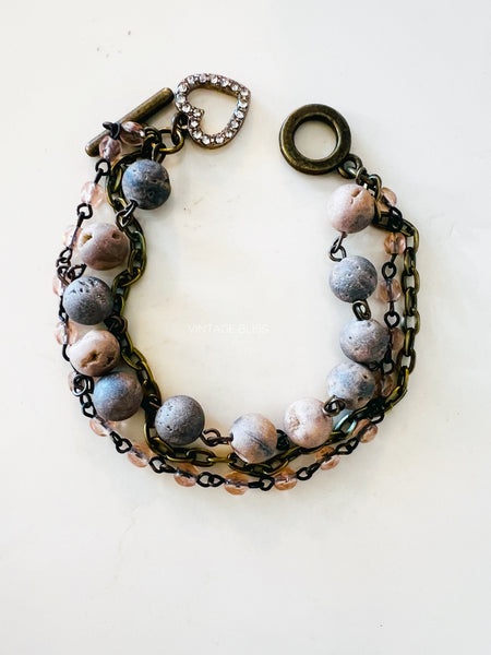 Mauve & Grey Triple Strand Beaded Bracelet