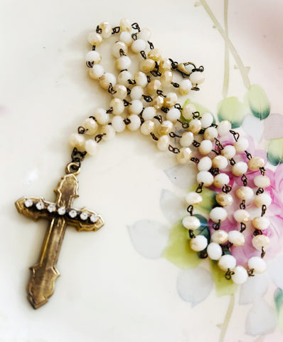 Brass Patina Rhinestone Cross Necklace