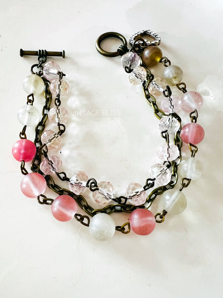Pink Parfait Triple Strand Beaded Bracelet