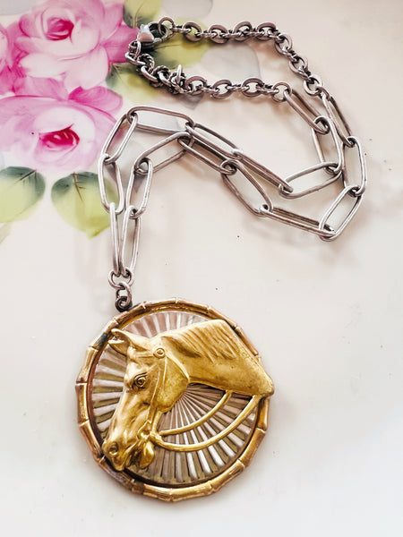 Polished Brass Silver Horse Medallion Necklace
