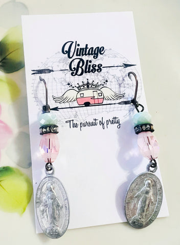 Pink Spring Green Pastels Religious Medallions Earrings