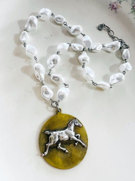 Galloping Horse Polished Brass Necklace