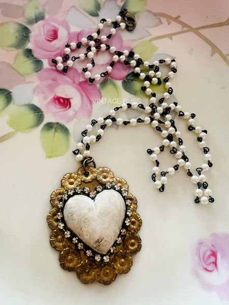 Whitewash Clay Heart Filigree Necklace