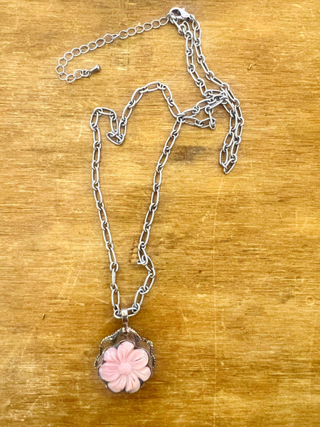 Pink Tibetan Silver Flower Necklace