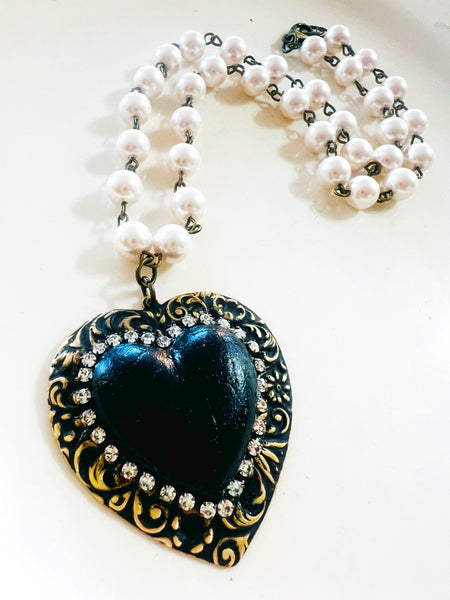 Black Clay Heart Filigree Pearl Chain Necklace