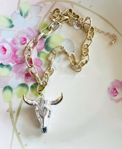 Silver Steer head Gold Color Chain Necklace