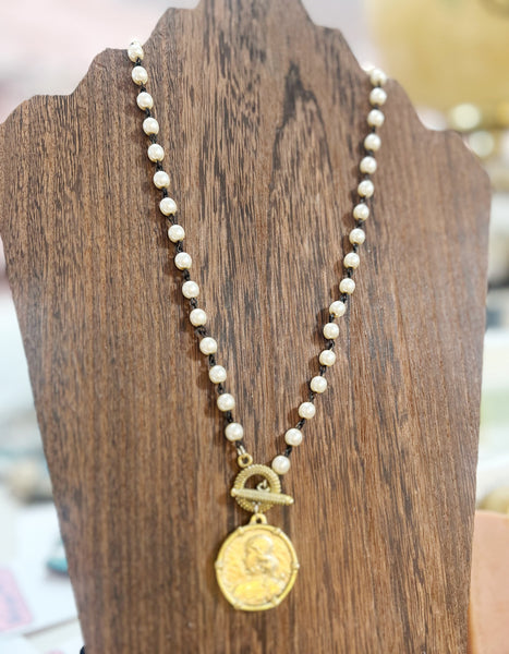 Gold Coin Pendant Pearl Chain Necklace