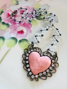 Pink Distressed Heart Filigree Necklace