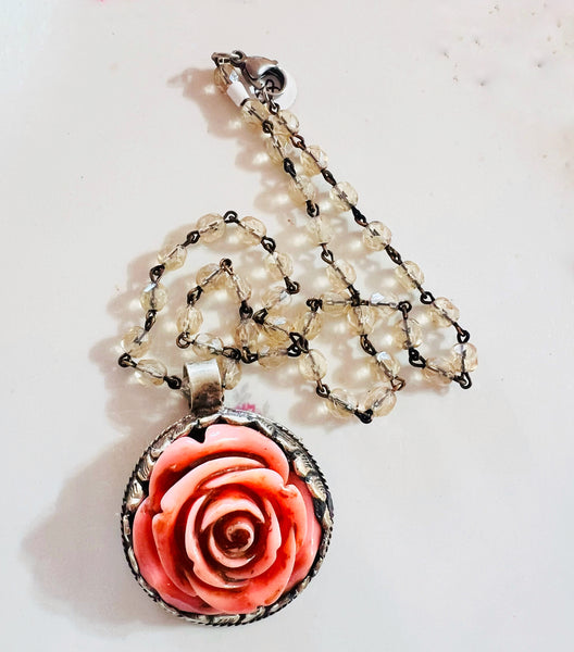 Carved Rose Necklace in Silver Setting