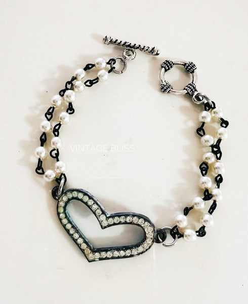 Mini Pearl Beaded Rhinestone Heart Bracelet