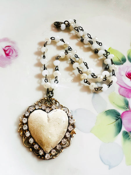 Whitewash Neutral Heart on Filigree Necklace