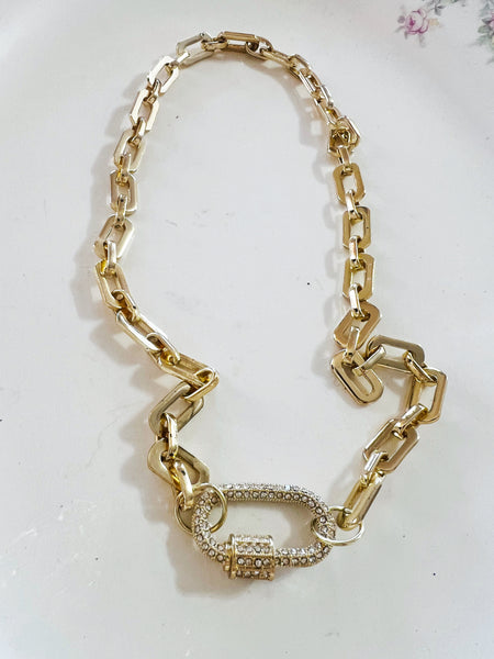 Gold Large Square Link Micro Pave Carabiner Necklace