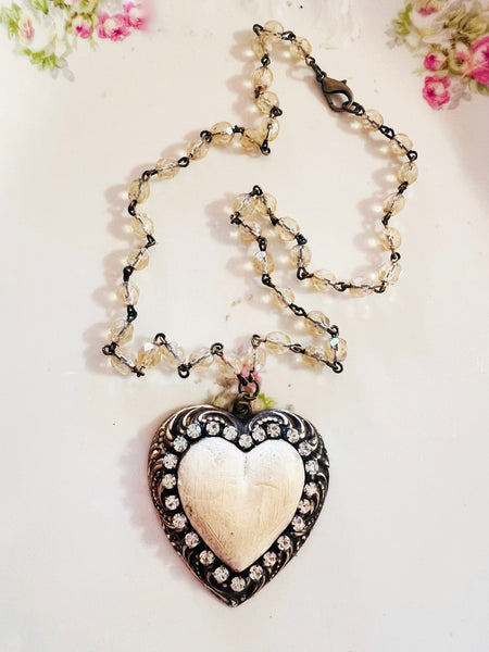 Brass Patina Filigree Whitewash Clay Heart Necklace