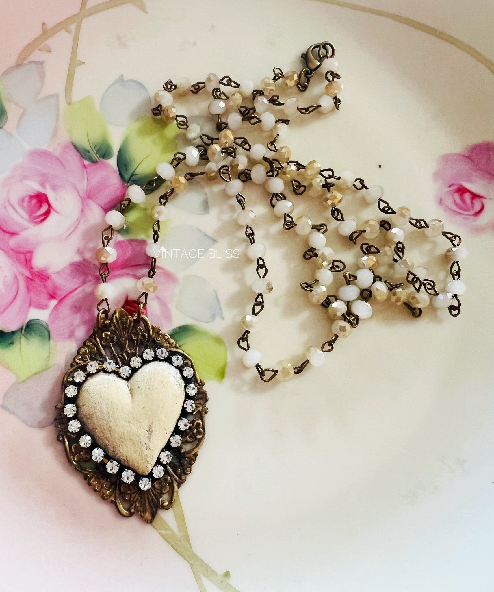 Whitewash Clay Heart Beaded Chain Necklace