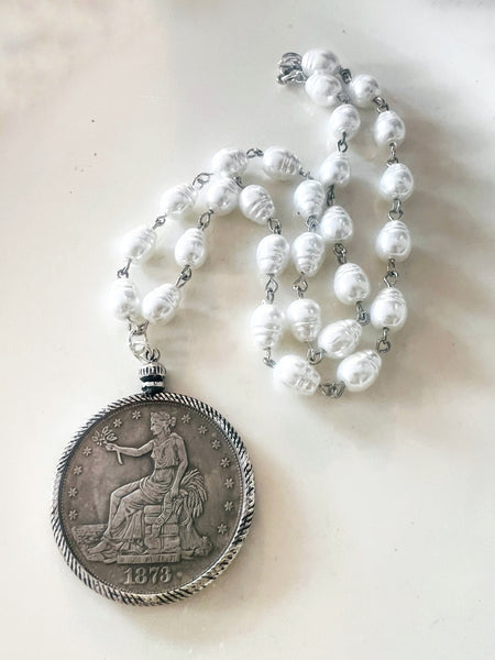 Vintage Trade Dollar Coin Bezel Chain Necklace