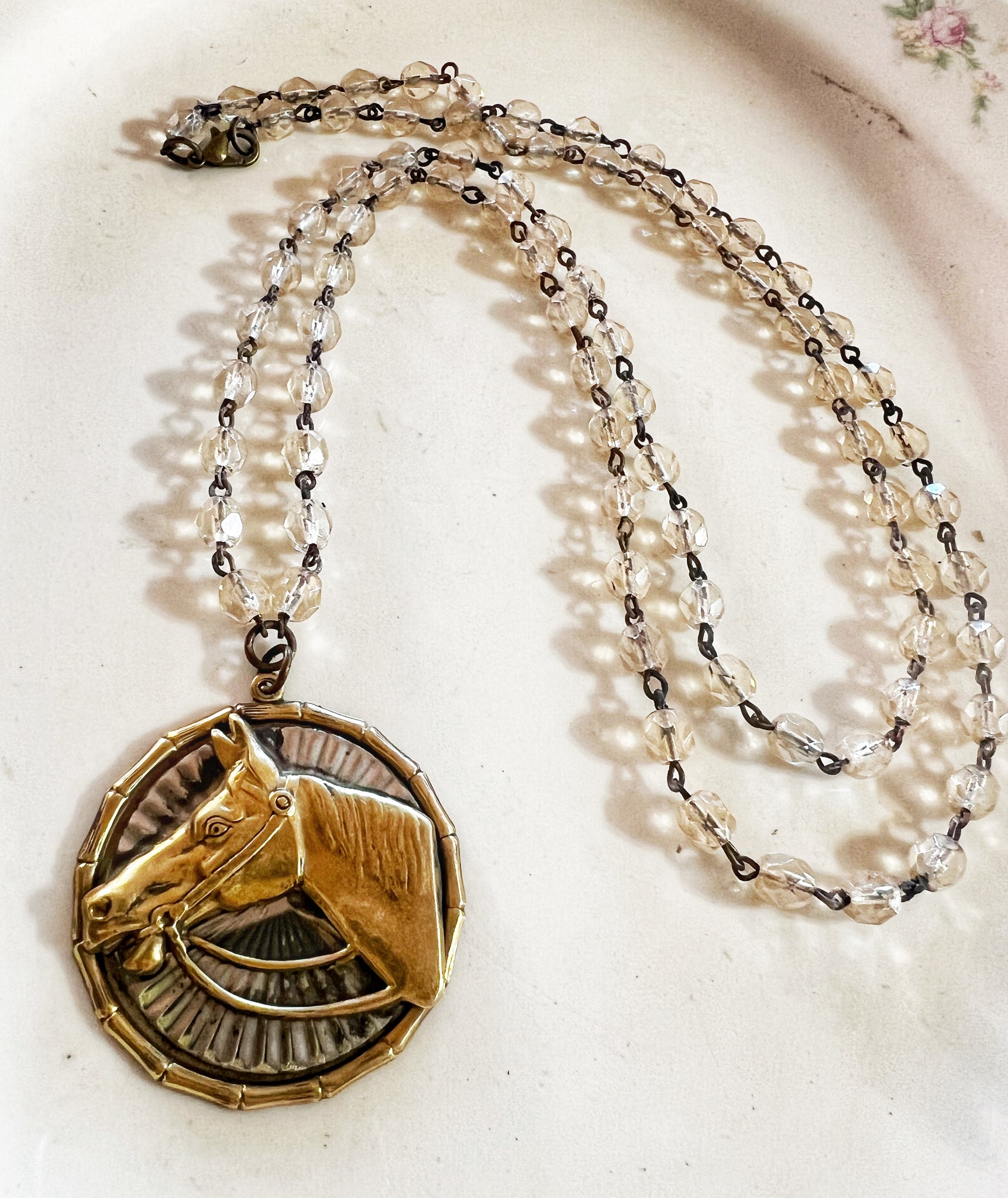 Western Horse Polished Brass Necklace Beaded Chain