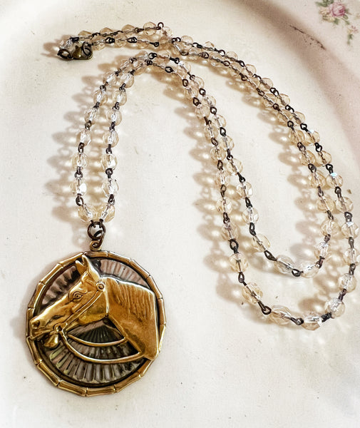Western Horse Polished Brass Necklace Beaded Chain