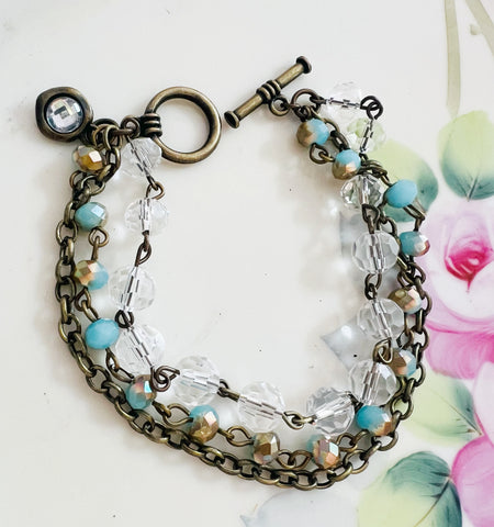 Turquoise & Crystal Beaded Triple Strand Bracelet