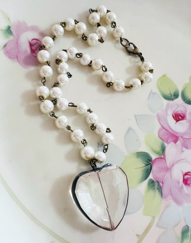 Soldered Crystal Heart Necklace Pearl Chain