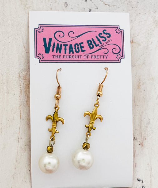 Gold Fleur de Lis Bead Earrings