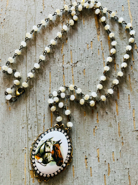 Western Horse Cameo Filigree Necklace Beaded Chain