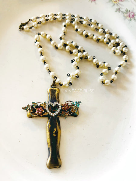 Brass Patina Floral Heart Cross Necklace