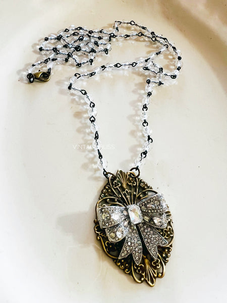 Rhinestone Bow Filigree Pearl Necklace long