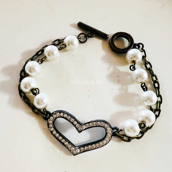 Rhinestone Heart & Pearl Triple Strand Bracelet