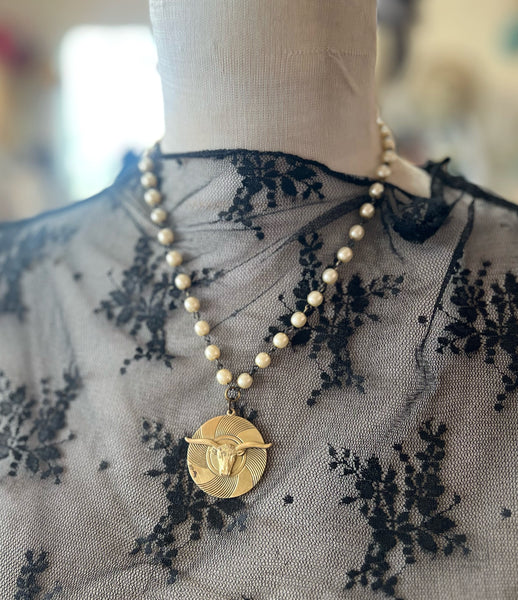 Brass Patina Steer Head Pearl Chain Necklace
