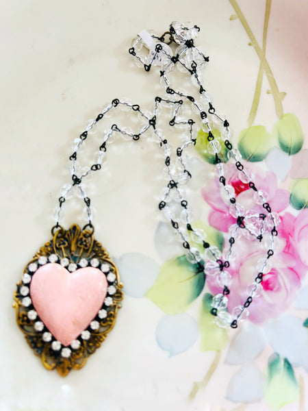 Pink Clay Heart Beaded Chain Necklace