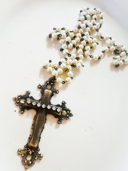 Brass Patina Filigree Cross Necklace