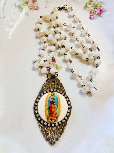 Virgin de Guadalupe Filigree Necklace Beaded Chain
