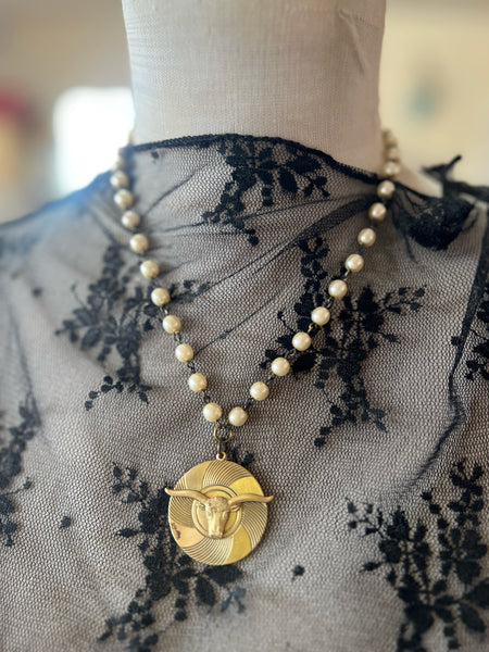 Brass Patina Steer Head Pearl Chain Necklace