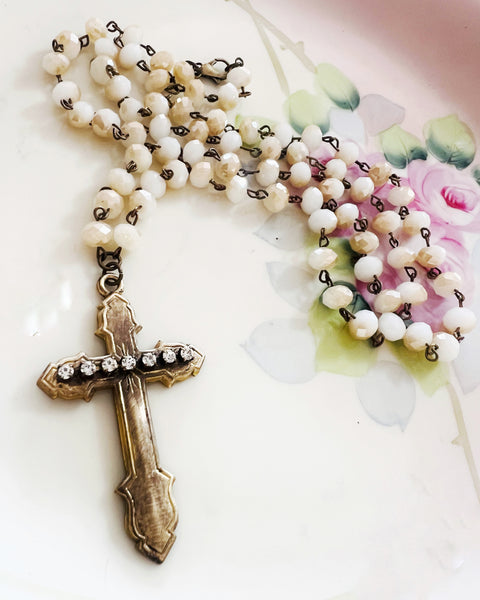 Brass Patina Rhinestone Cross Necklace