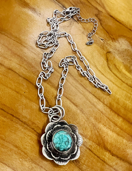 Turquoise Tibetan Silver Flower Necklace