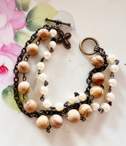 Neutral Brown Tones Triple Strand Beaded Bracelet