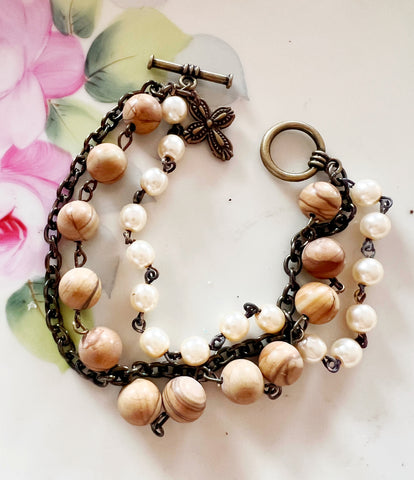 Neutral Brown Tones Triple Strand Beaded Bracelet