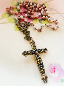 Brass Patina Rosary Style Cross Necklace