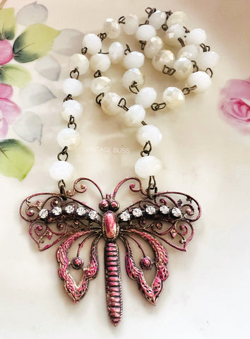 Pink Boho Butterfly Filigree Necklace