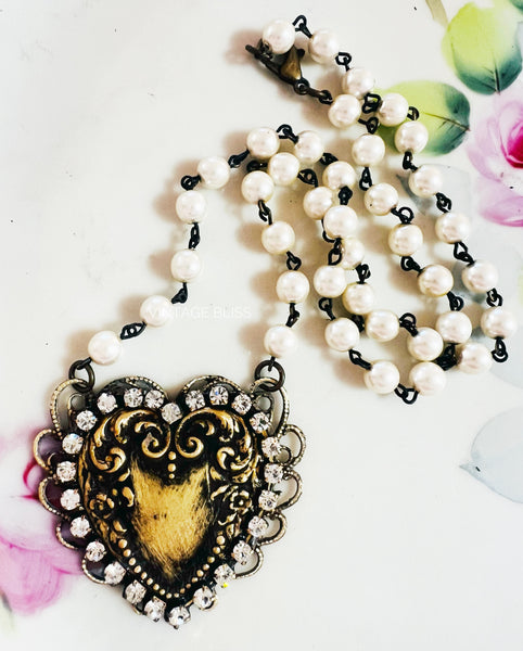 Brass Patina Heart Filigree Necklace