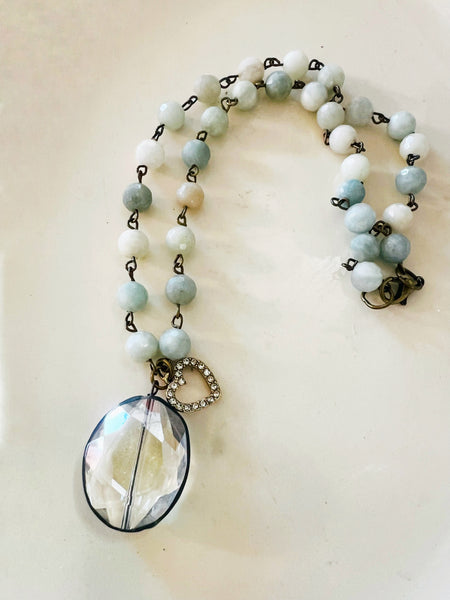 Soldered Crystal Oval Necklace Aqua Beaded Chain