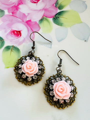 Soft Pink Rose Filigree Earrings