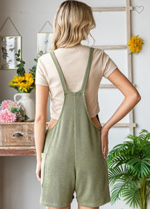 Olive Green Solid Rib Pocket Romper
