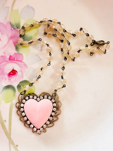 Pink Distressed Clay Heart Filigree Necklace