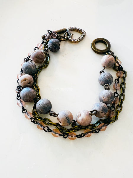 Mauve & Grey Triple Strand Beaded Bracelet