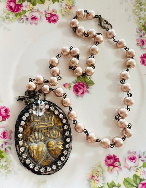Sacred Heart Medallion Beaded Chain Necklace