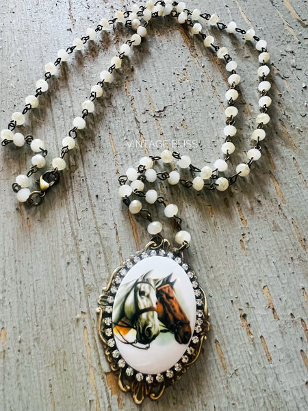 Western Horse Cameo Filigree Necklace Beaded Chain