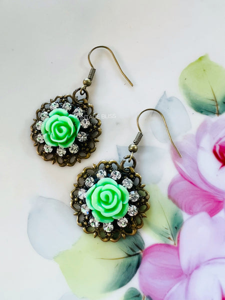 Spring Green Rose Filigree Earrings