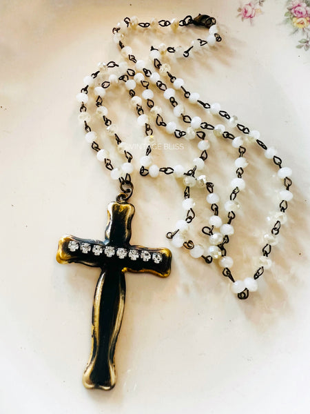 Brass Patina Rhinestone Cross Necklace