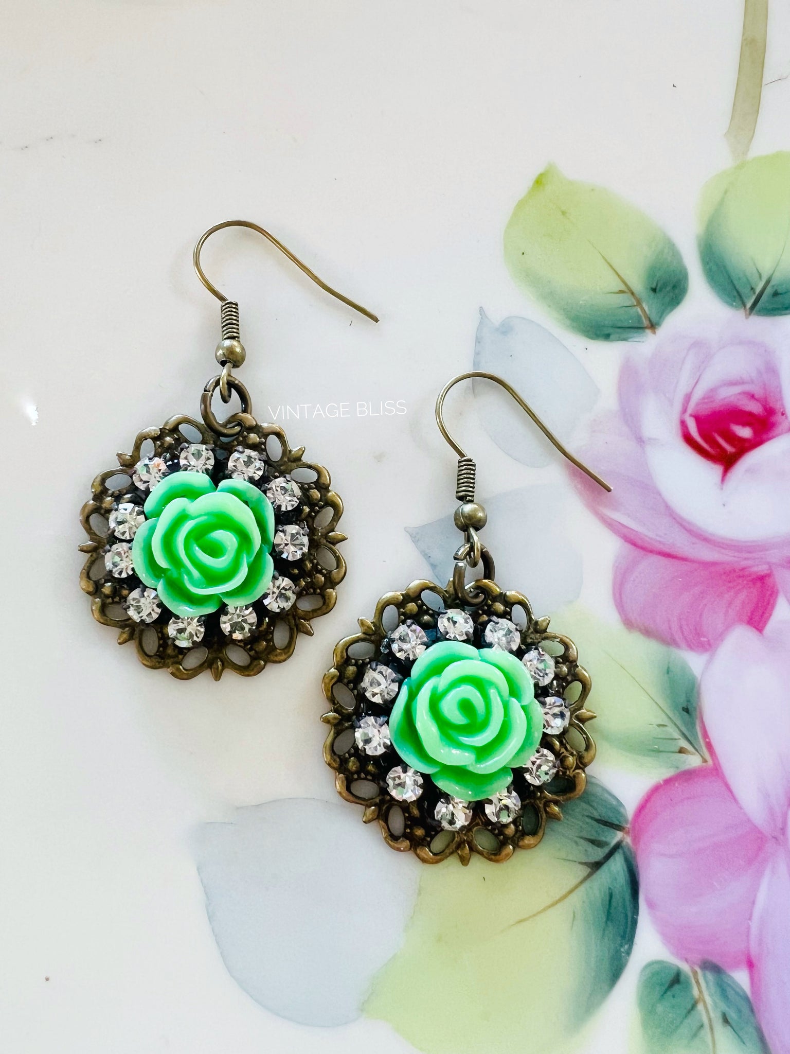 Spring Green Rose Filigree Earrings